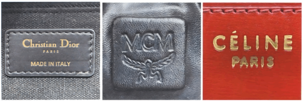 Spotting Fake Designer Bags-Leather labels of fake bags from Christian Dior, MCM, and Céline luxury bags.