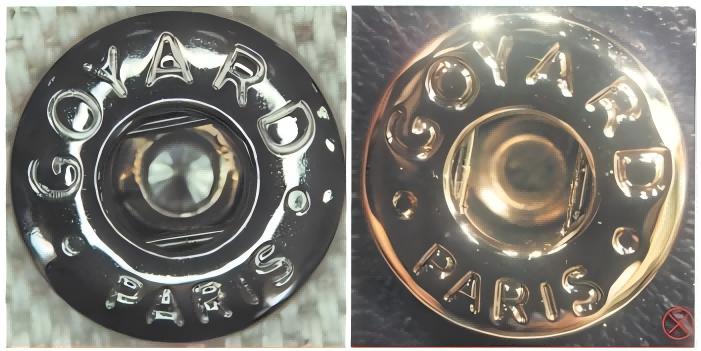 Spotting Fake Designer Bags-Comparison of authentic and fake Goyard luxury bag hardware, highlighting differences in logo engraving and metal finish.