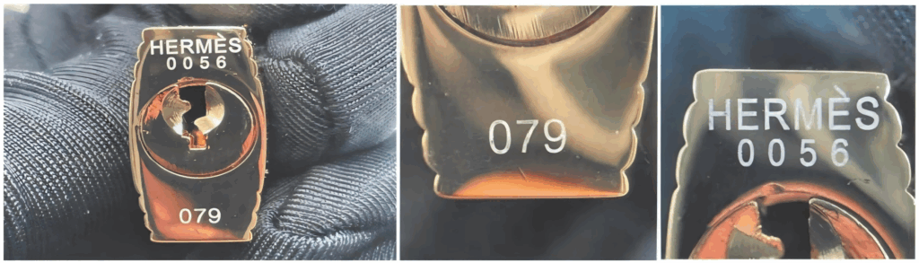 Spotting Fake Designer Bags-Fake Hermès luxury bag hardware, pointing out discrepancies in logo engraving and metal quality.