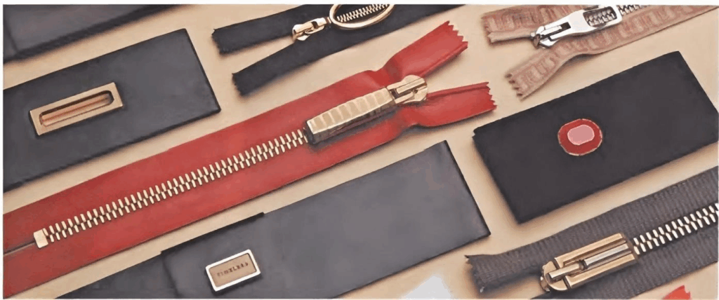 Collection of zippers and accessories from various luxury bags, showcasing different designs and metal finishes.