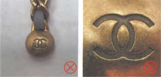 Low-tier Chanel replica bags hardware exposing crude machine-cut grid marks inside the engraving.