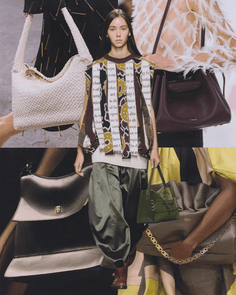 2025 luxury bag trends-Runway: Balenciaga Spring 2025; Bottega Veneta Spring 2025; Loewe Spring 2025; JW Anderson Spring 2025 Photos: Courtesy of GoRunway.com