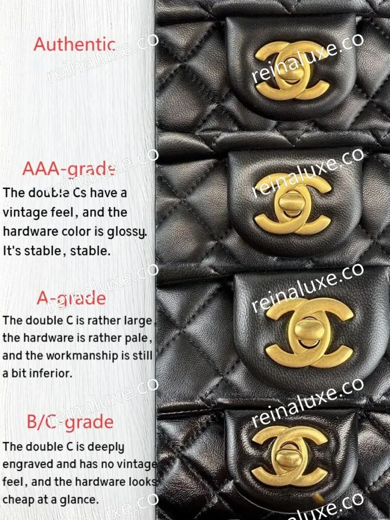 AAA Replica Chanel  CF Mini Gold Ball Bag-Close-up comparison of front double C logo details in different versions of Chanel CF Mini Pearl Crush bag, showing differences in vintage feel and hardware color, showing authentic, AAA-replica, A-replica, and B/C-replica editions.