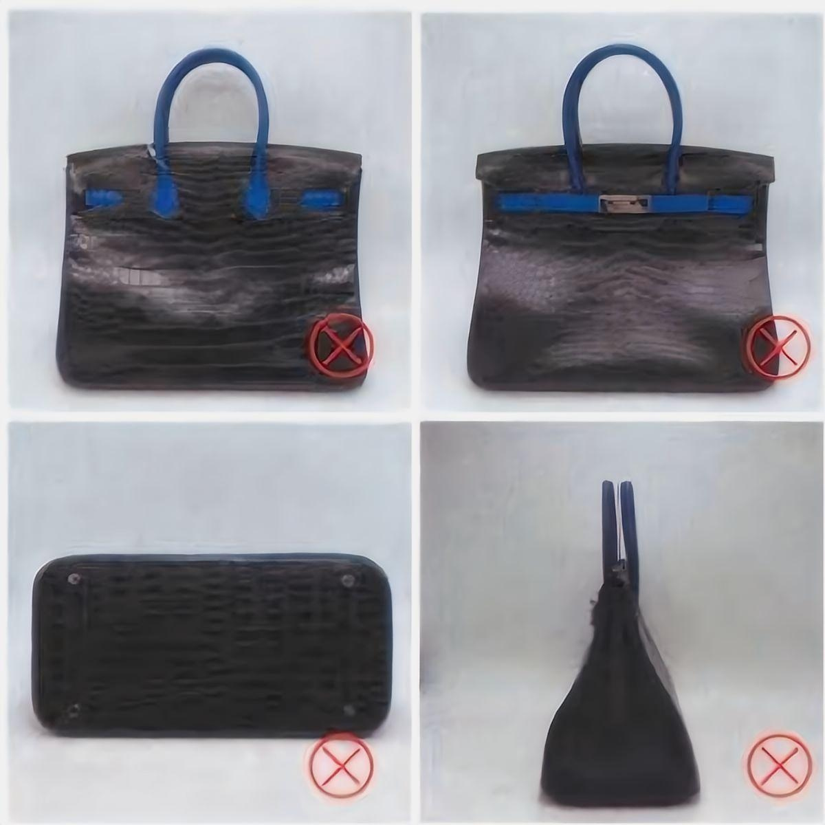 Replica Hermès Birkin bag exterior, compared to authentic – visibly rough details