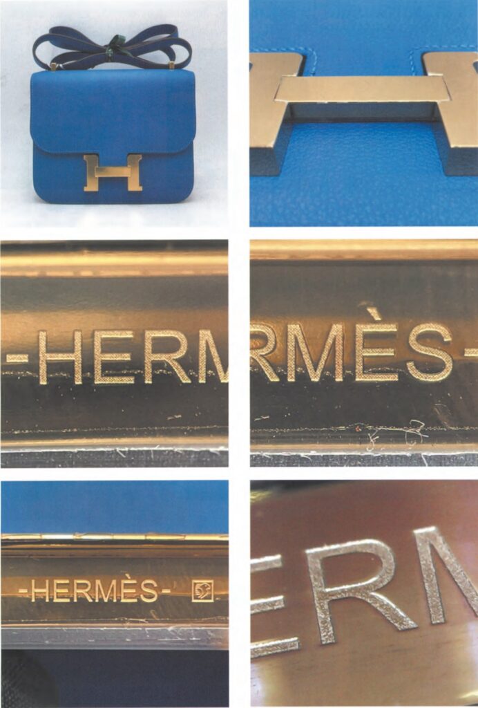 Macro shot of engraving details on authentic Hermès Constance hardware