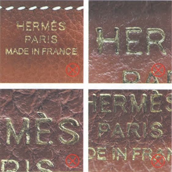 Fake Hermès heat stamp with incorrect font and alignment