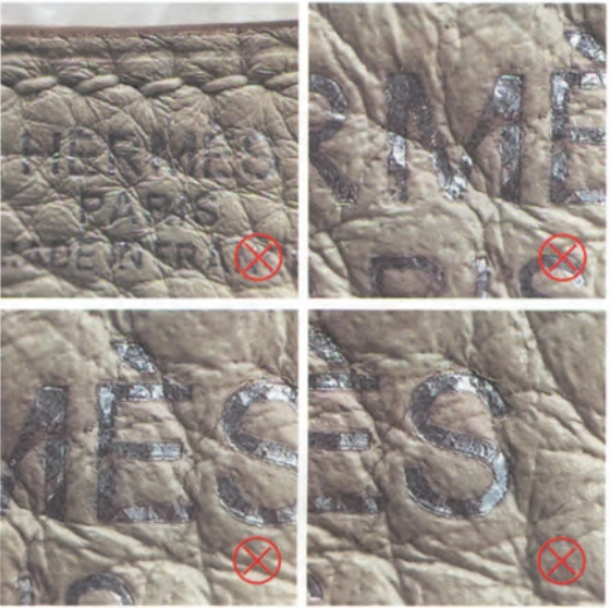 Replica Handbag Store Kelly Bag Replica-Close-up of counterfeit heat stamp inside fake Hermès Kelly bag, showing blurry and off-center "Hermès Paris" embossing.