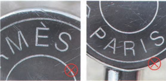 Replica Handbag Store Kelly Bag Replica-Side-by-side comparison of counterfeit metal engraving on fake Hermès Kelly bag, marked with red X for defects.