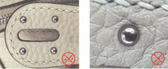 Replica Handbag Store Kelly Bag Replica-Counterfeit engraved craftsmanship on fake Hermès Kelly bag, marked with red X indicating poor replication.