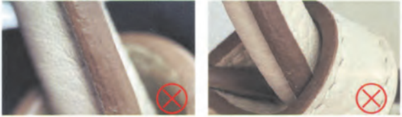 Replica Handbag Store Kelly Bag Replica-Counterfeit edge paint on fake Hermès Kelly bag, showing uneven and blotchy application with red X marks.