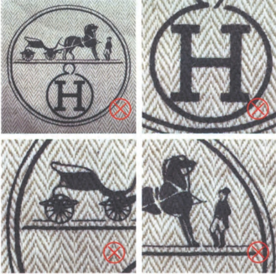 Replica Handbag Store Kelly Bag Replica-Counterfeit Hermès dust bags, with incorrect logo proportions and inferior material, marked with red X.