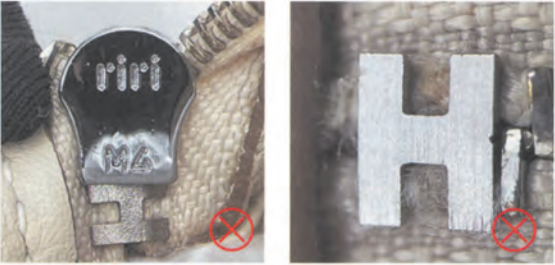 Replica Handbag Store Kelly Bag Replica-Back view of counterfeit Riri zipper on fake Hermès Kelly bag, highlighting misalignment and substandard materials.