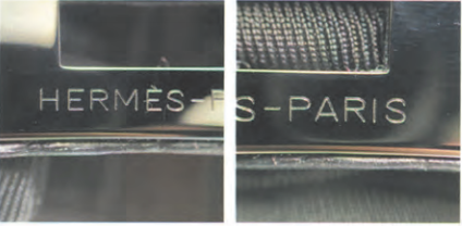 Hermès Birkin hardware engraving showing "HERMES" and "S-PARIS" – metal stamp detail for authentication.