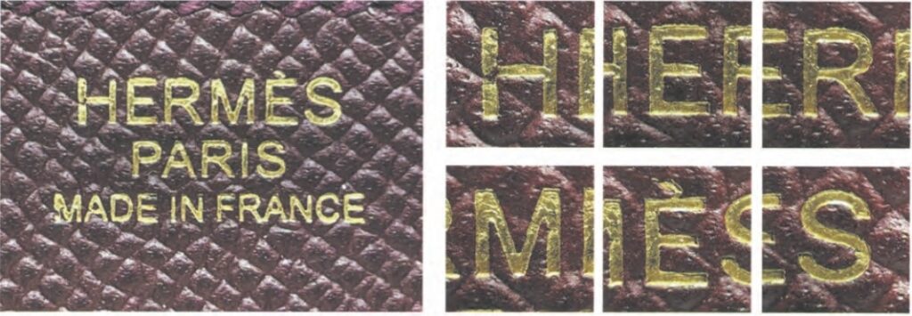 Hermès metal stamping with "HERMES PARIS MADE IN FRANCE" – precise engraving on luxury hardware.