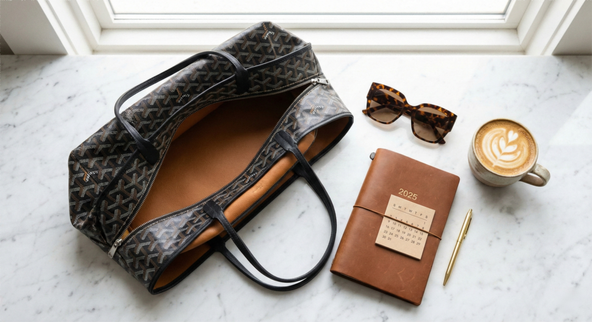 Lifestyle flat lay of a goyard replica bag 2025 edition with planner and coffee to illustrate luxury trends.