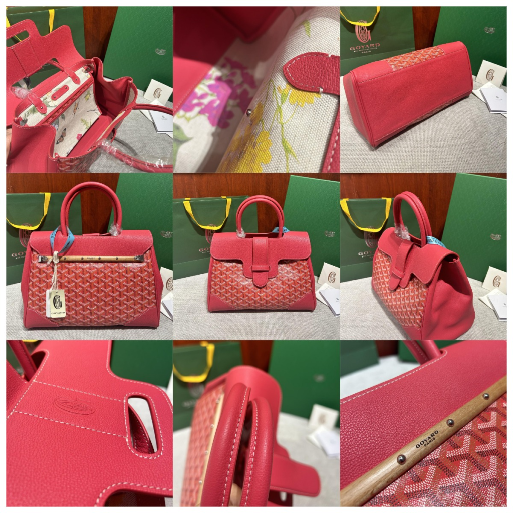 Detailed review collage of a red Saïgon Structure Mini AAA goyard replica bag showing real beechwood handle and stitching.