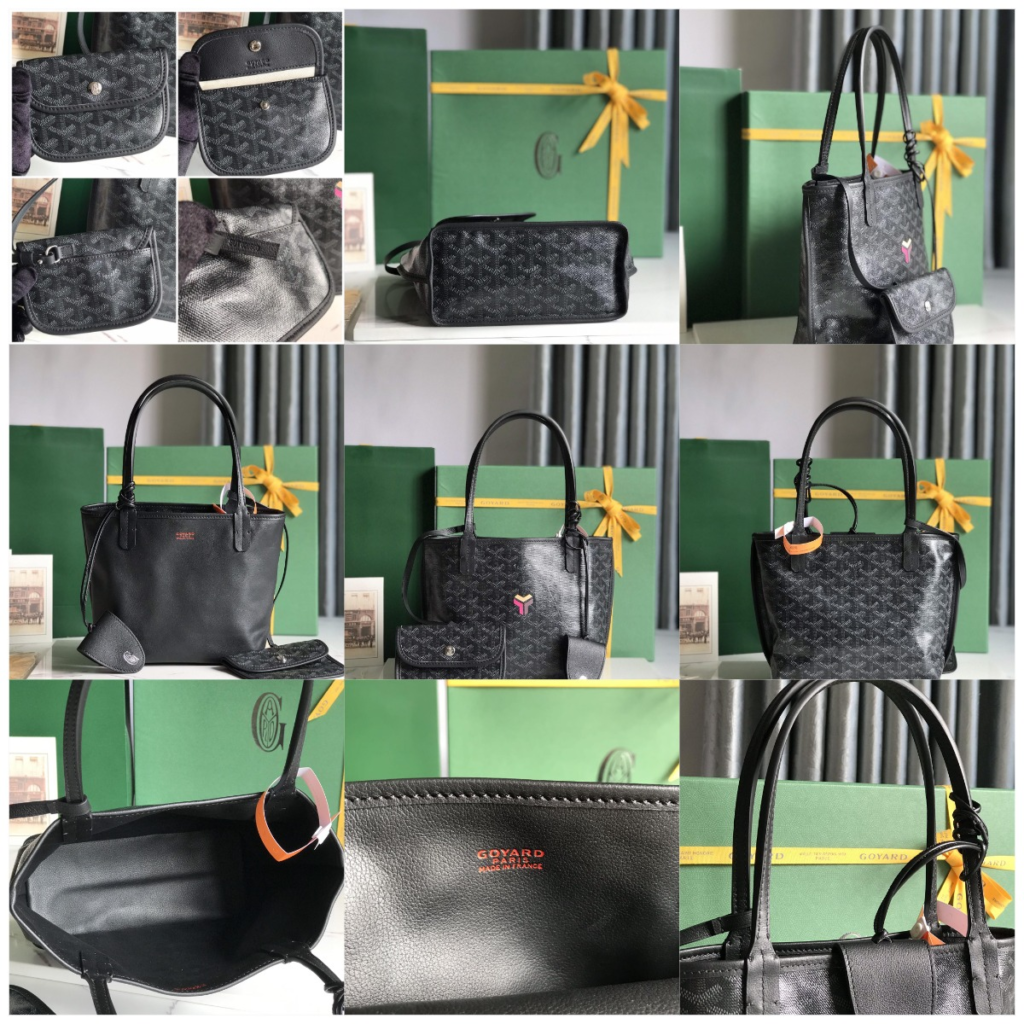 Hands-on inspection of the black Anjou Mini best-selling goyard replica bag showing reversible leather lining and packaging.