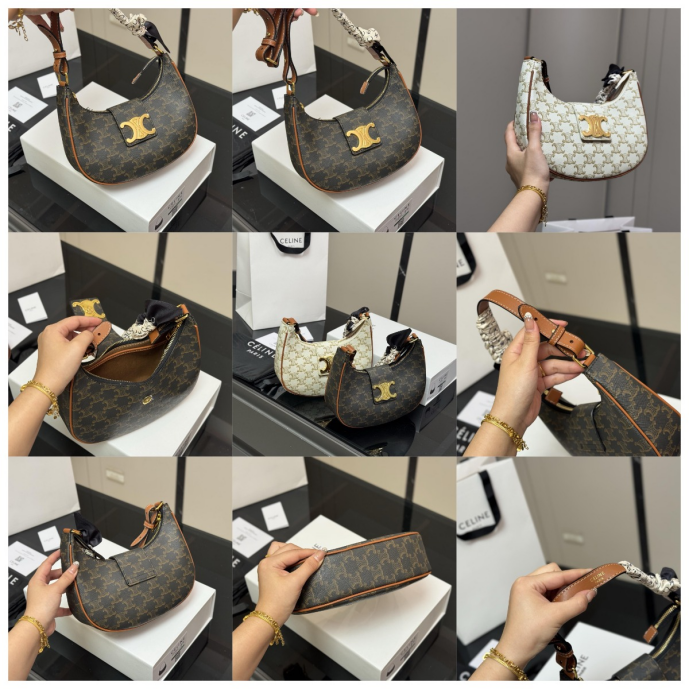 B/C grade Celine replica bag showing common flaws in Triomphe canvas alignment and hardware for comparison.