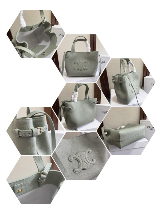 High-quality AAA Celine replica bag Small Bucket Cabas in sage green leather featuring correct embossed logo details.