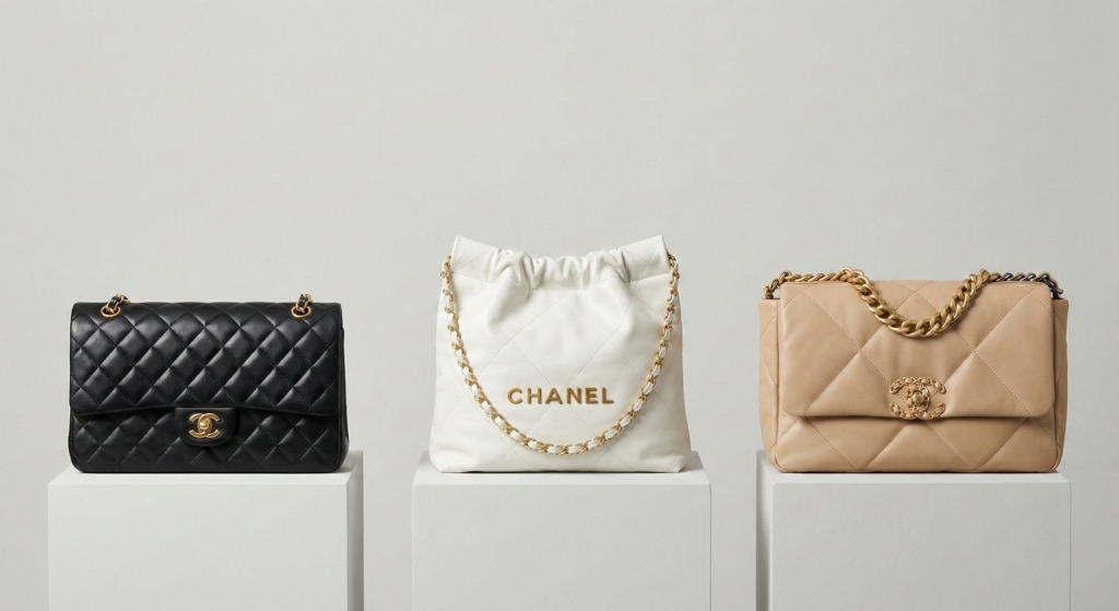 The 3 best-selling Chanel replica bags in 2025 displayed together: Black Classic Flap, White Chanel 22, and Beige Chanel 19