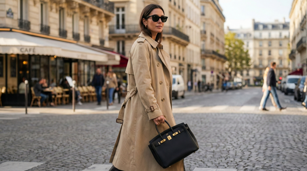Stylish woman in Parisian street style carrying a black Replica Handbag Store Kelly 28 replica bag, showcasing 2025 luxury fashion trends and quiet luxury aesthetic.