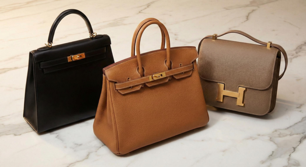 The top three best selling Replica Handbag Store replica bags in 2025 displayed together: Black Kelly, Gold Birkin 25, and Etoupe Constance 18 in premium Togo and Epsom leathers.
