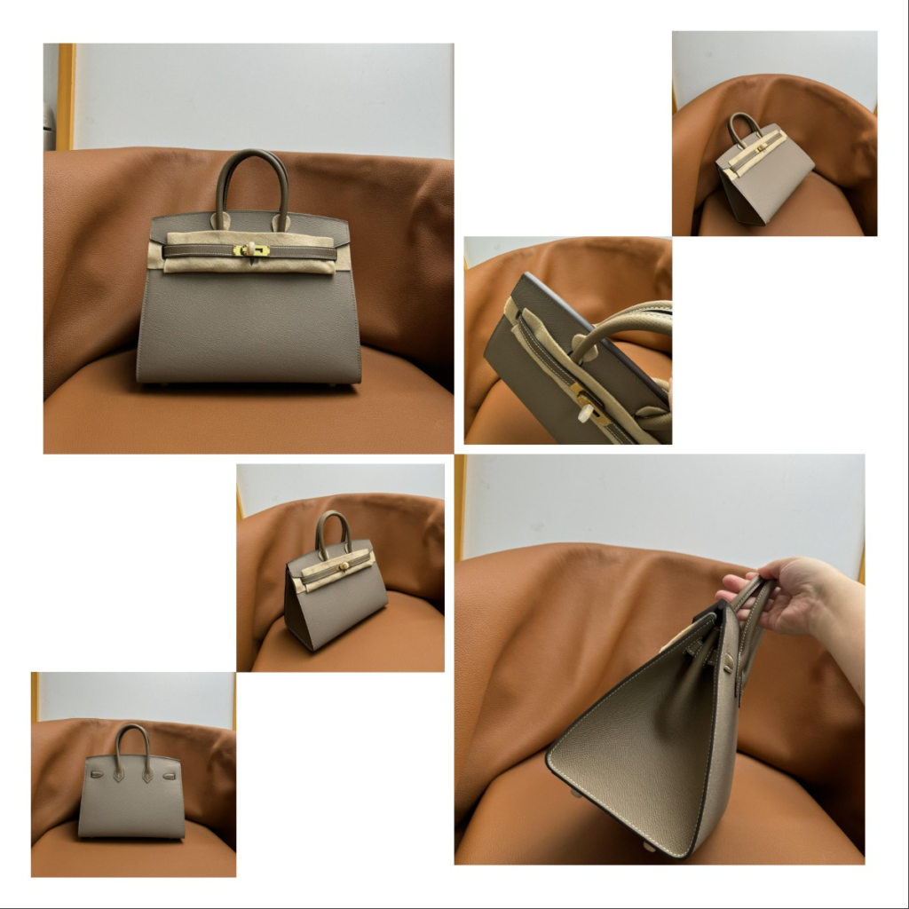 Detailed collage of a AAA grade grey Replica Handbag Store Kelly 28 replica bag showing rigid structure, side profile thickness, and hand-stitched handle craftsmanship.