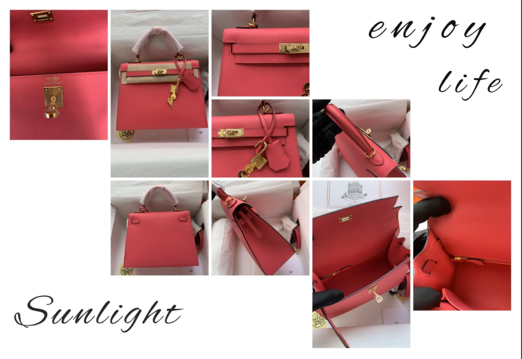 Close-up views of a AAA pink Replica Handbag Store Kelly replica bag featuring gold hardware, interior leather lining quality, and durable shoulder strap attachments.