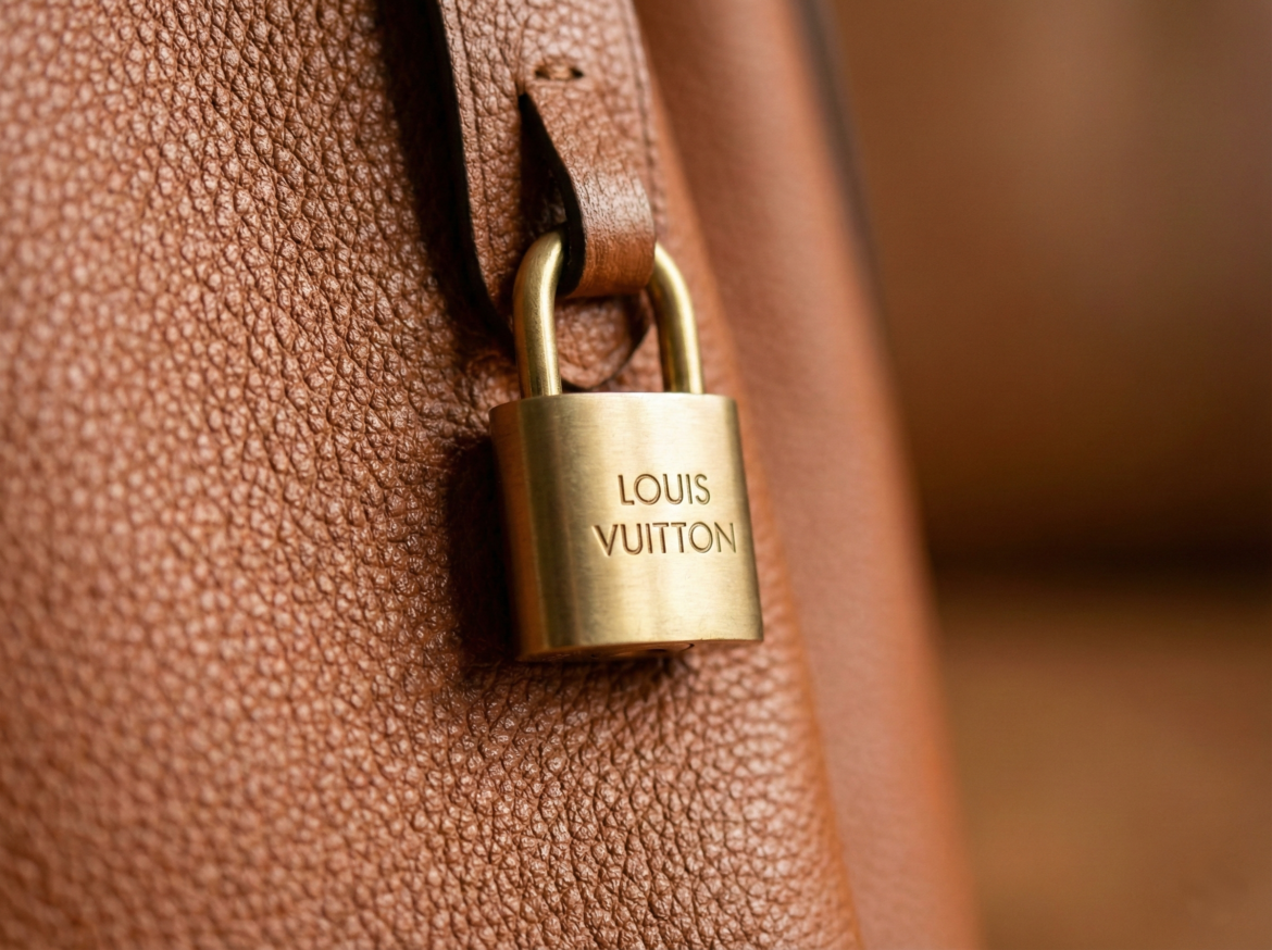 Macro close-up detail of the gold engraved padlock hardware on a Louis Vuitton Low Key Hobo replica, highlighting the authentic-looking grained leather texture and craftsmanship.