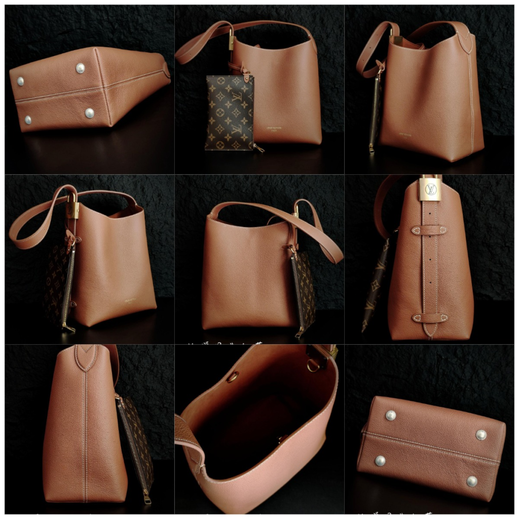 Comprehensive product angles of the Louis Vuitton Low Key Hobo replica in brown leather, displaying the bucket shape, reinforced bottom studs, and suede interior lining.