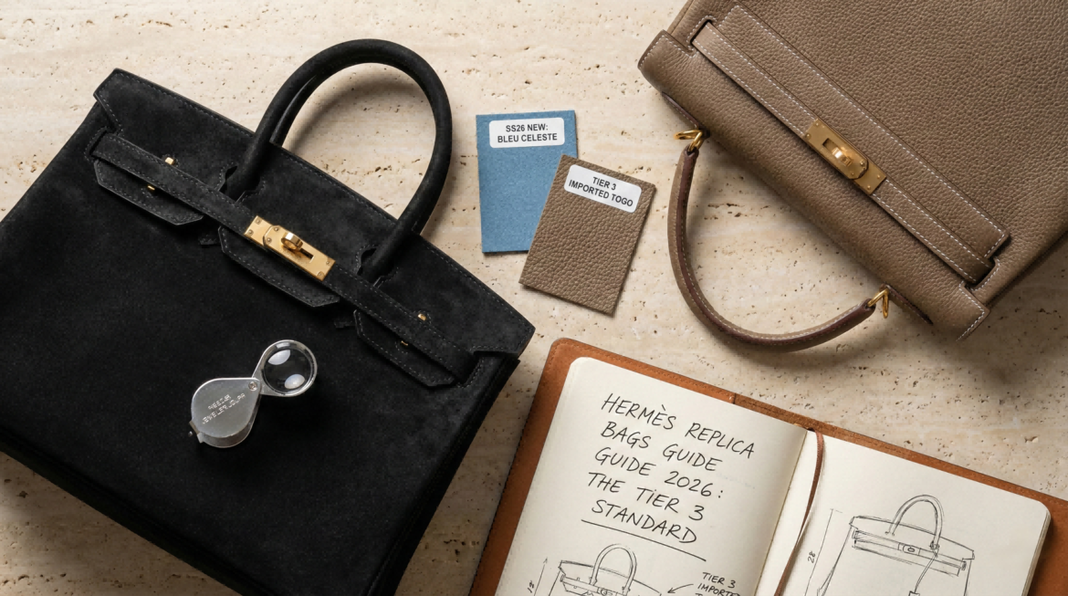 Professional Replica Handbag Store replica analysis setup showing a jeweler's loupe on a Black Suede Birkin 25, alongside the Replica Handbag Store Replica Bags Guide 2026 notebook.