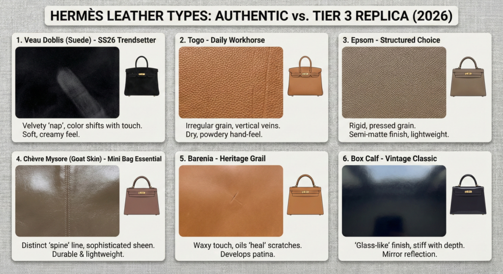 Replica Handbag Store Leather Types Chart 2026: Close-up textures of Veau Doblis Suede, Togo, Epsom, Chèvre, Barenia, and Box Calf for identifying  Replica Sunglasses vs Tier 3 Replicas."