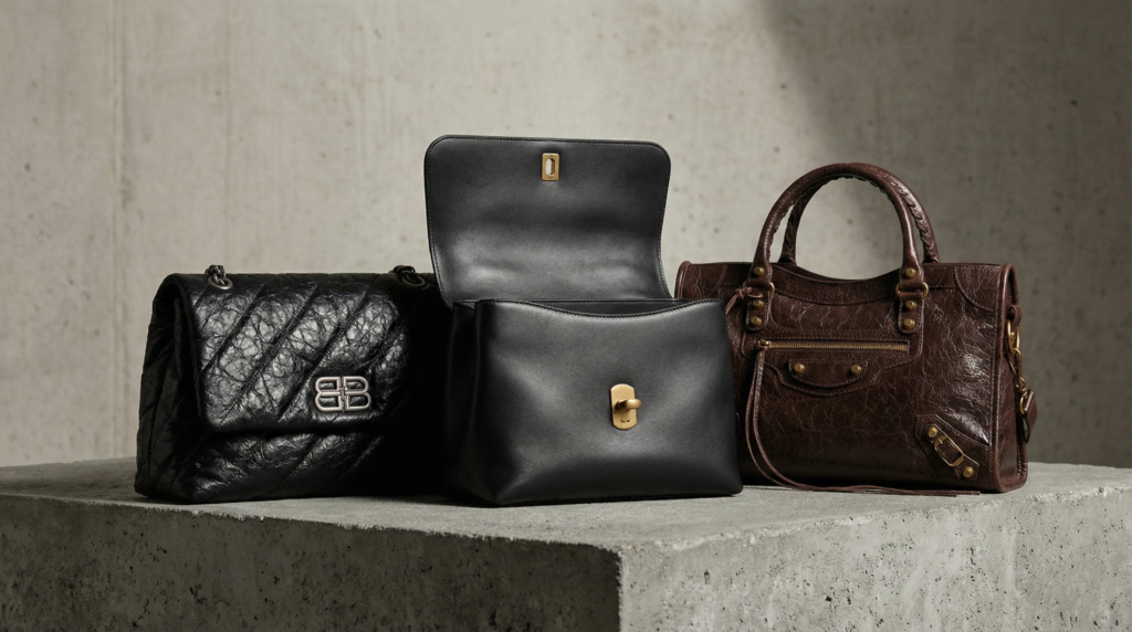 Comparison of the top 3 predicted Balenciaga replica bags 2026: The Quilted Monaco, Smooth Rodeo, and Distressed Le City sitting on a concrete surface.