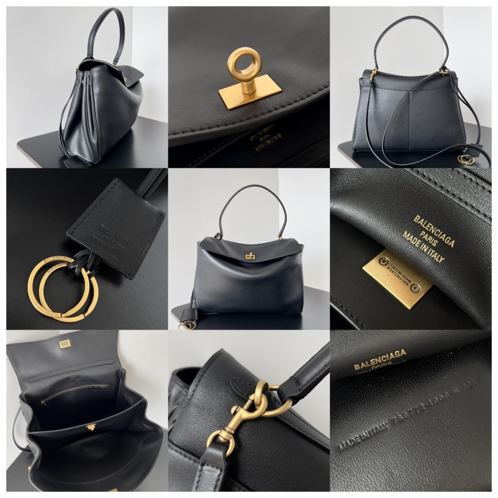 AAA Balenciaga Rodeo replica bag details showing smooth calfskin leather texture, matte aged gold turn-lock mechanism, and authentic 'Made in Italy' foil stamping.
