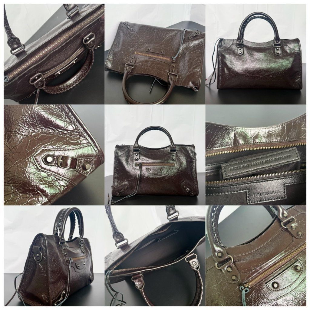 Dark Mocha Balenciaga Le City Re-edition replica showing distressed Arena lambskin leather, hand-braided handles, and vintage crackle finish details.