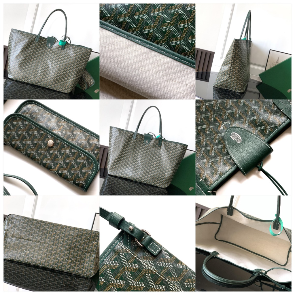 Detailed collage of the 2026 AAA Goyard Saint Louis replica in Green (Vert), showcasing the textured Goyardine canvas, reinforced handle stitching, and authentic linen interior lining.