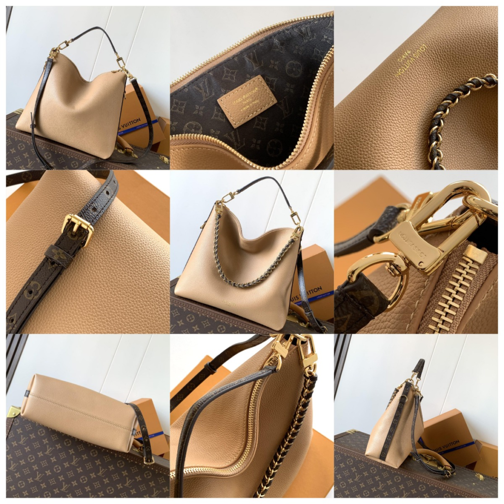 Detailed collage of the LV Low Key Hobo replica in tan grainy leather, featuring a gold padlock on the strap and authentic 'Made in Italy' stamping, representing one of the most popular 3 LV replica bags of 2026.