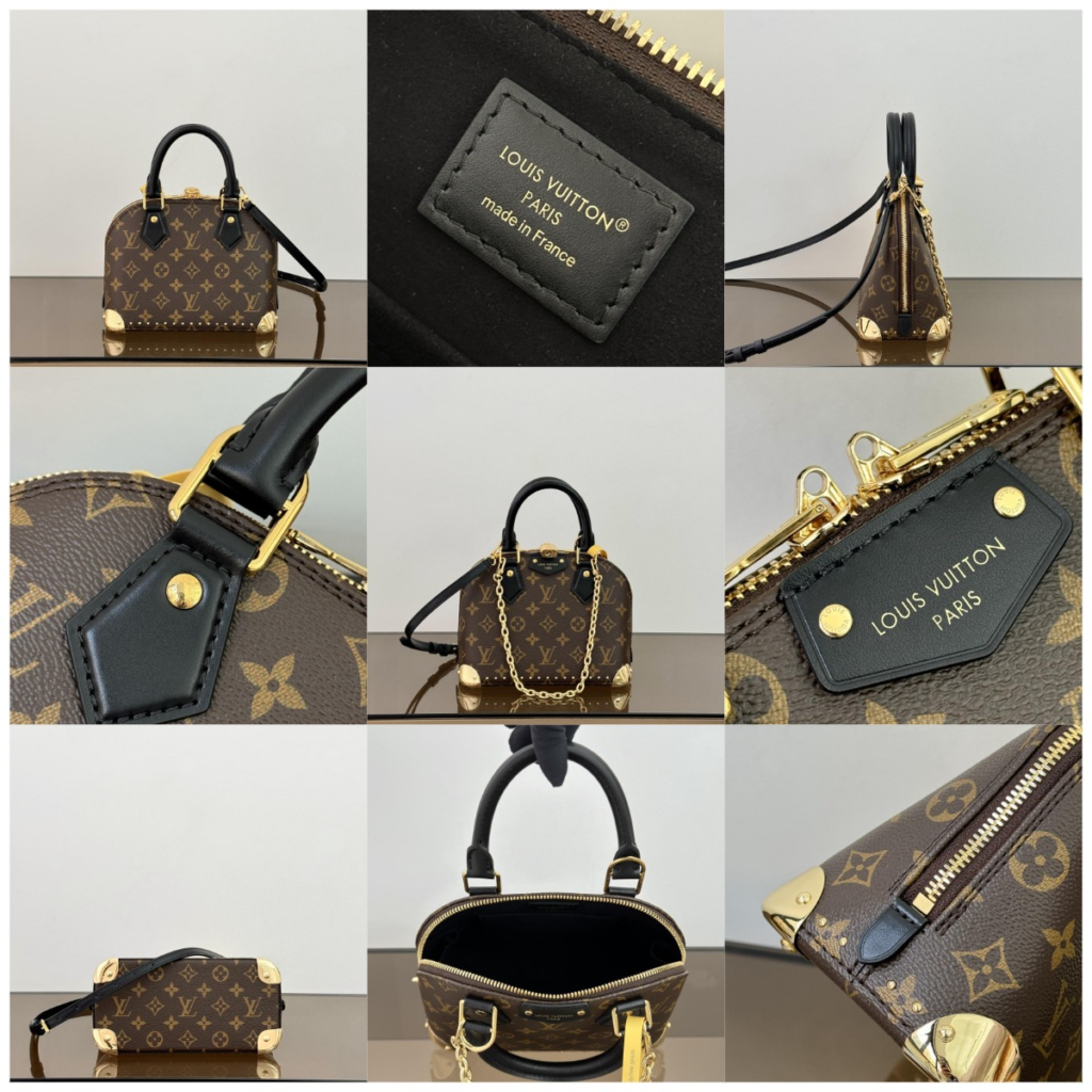 Close-up view of an AAA LV replica bag in the Alma Trunk BB style, highlighting the precise Monogram canvas alignment, gold metal trunk corners, and black leather trim details for the 2026 collectsion.