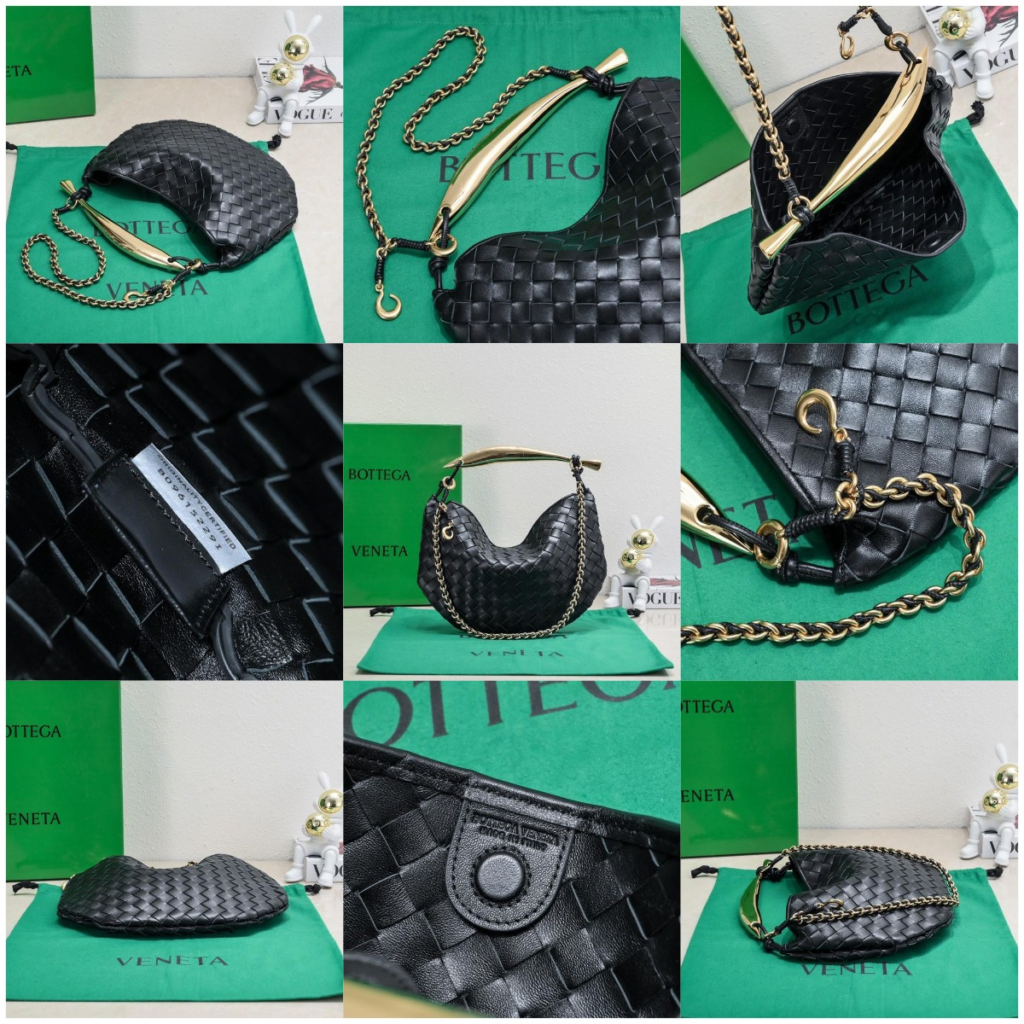 Detailed collage of the AAA Bottega Veneta Sardine replica bag in black Intrecciato leather, featuring the sculptural gold metallic handle with organic texture, detachable heavy gold chain strap, internal branding, and serial number tag "B09615229I".