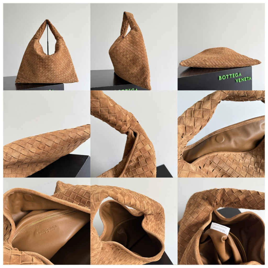 Multi-angle collage of the AAA Bottega Veneta Hop replica bag in camel suede, demonstrating the natural "puddle" slouch when empty, rich suede texture and nap, seamless handle integration, and internal serial number tag "A09813868N".