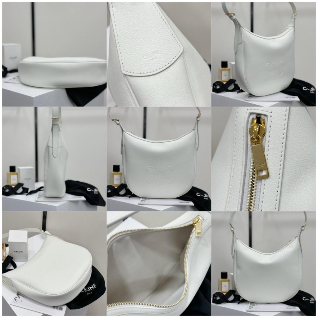 Close-up review photos of the white Celine Heloise replica bag. Details include the embossed Triomphe logo, clean black glazing on the strap, and the gold zipper hardware on grained calfskin.