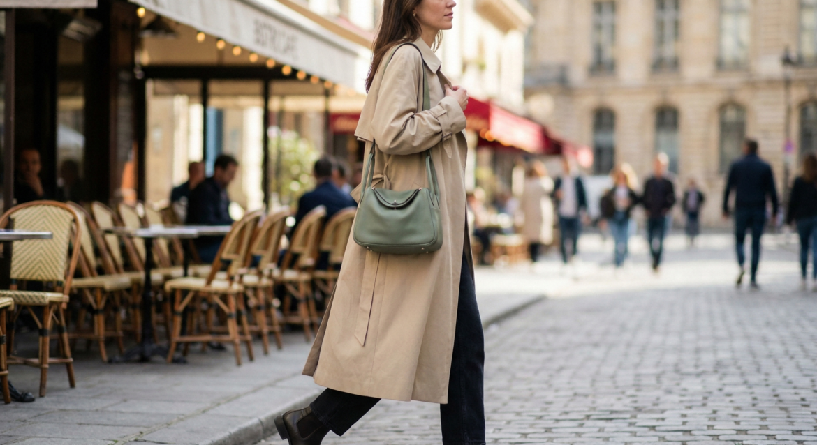 Street style photography of a woman wearing a sage green Lindy bag, illustrating the practical fashion trends of the hermes replica bags 2026.