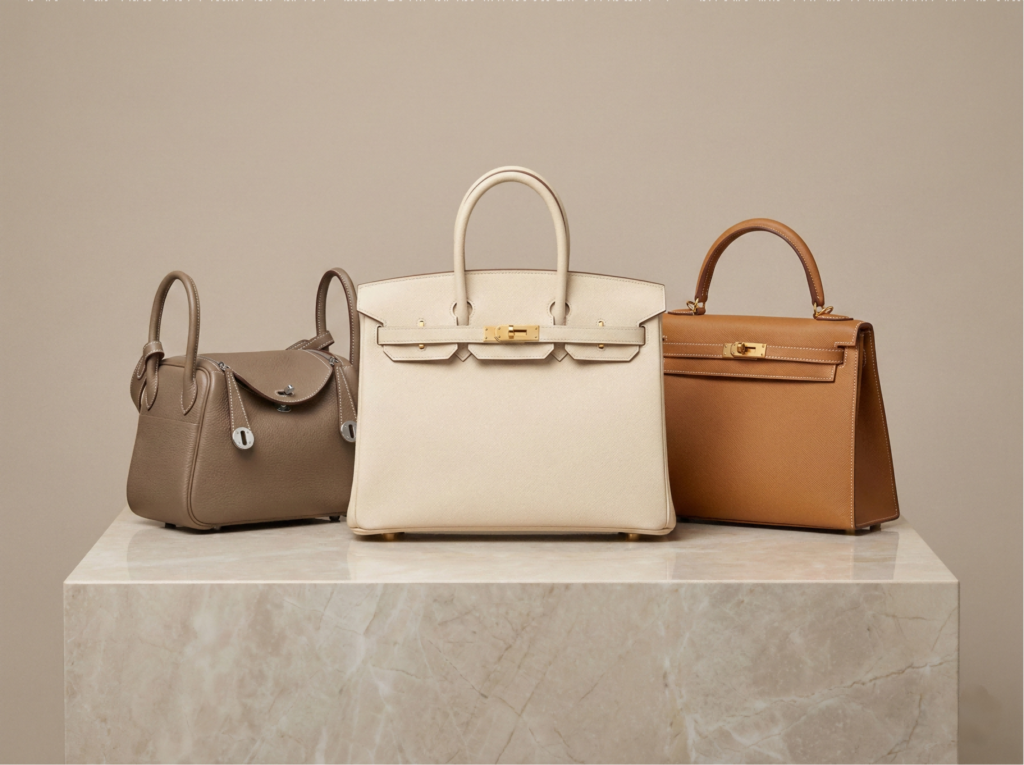 Studio display showcasing the most popular 3 hermes replica bags for 2026 trends, featuring a neutral color palette on a marble pedestal.