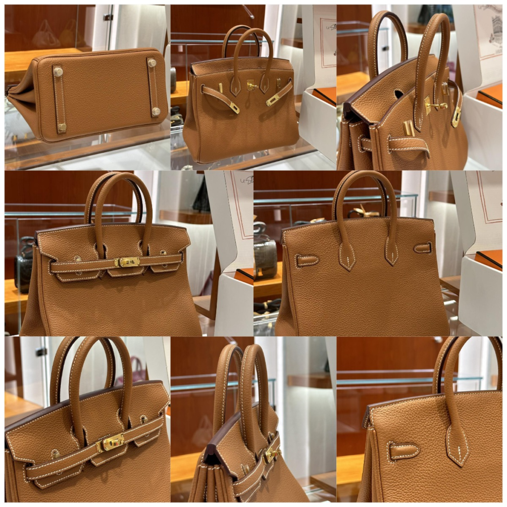 Detailed craftsmanship review of a AAA hermes replica bag Birkin 25 in Gold Togo leather, showing hand-stitched handles and gold hardware precision.