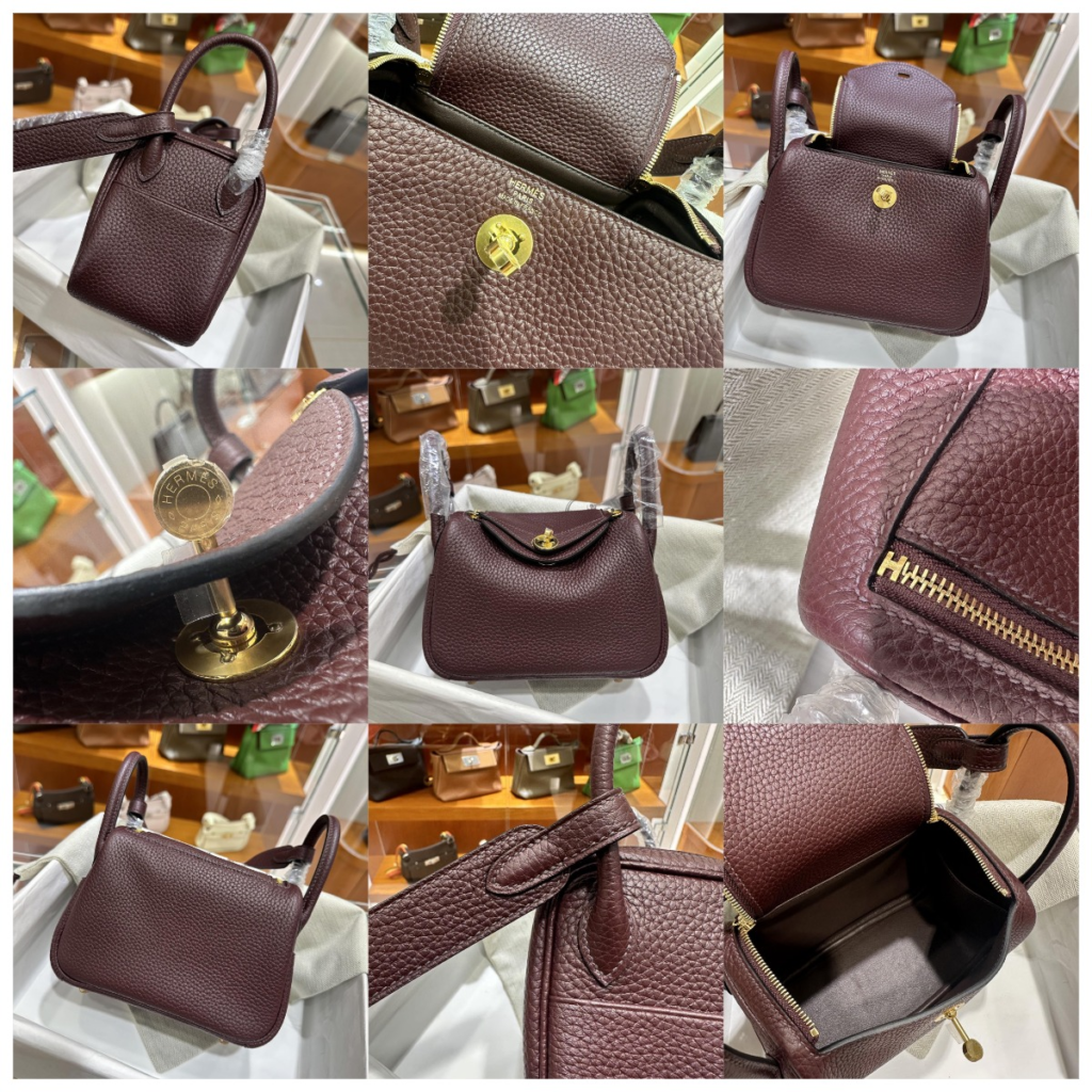 Close-up inspection of a Hermès Lindy Mini replica in Rouge H Clemence leather, highlighting the foil stamping and soft texture distinctive of AAA hermes replica bag quality.