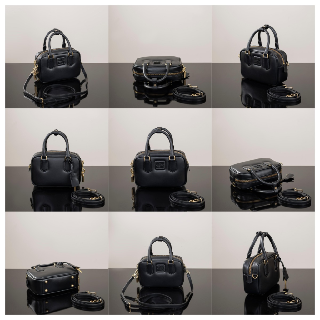 Detailed 9-grid view of a black smooth leather AAA Miu Miu Arcadie replica bag showing gold hardware, structured box shape, and strap details for 2026 trends.