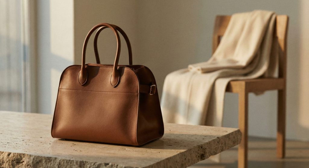A The Row Margaux 15 bag in cognac saddle leather sitting on a stone table, representing the top luxury handbag trend of 2026 with its structured yet slouchy silhouette.