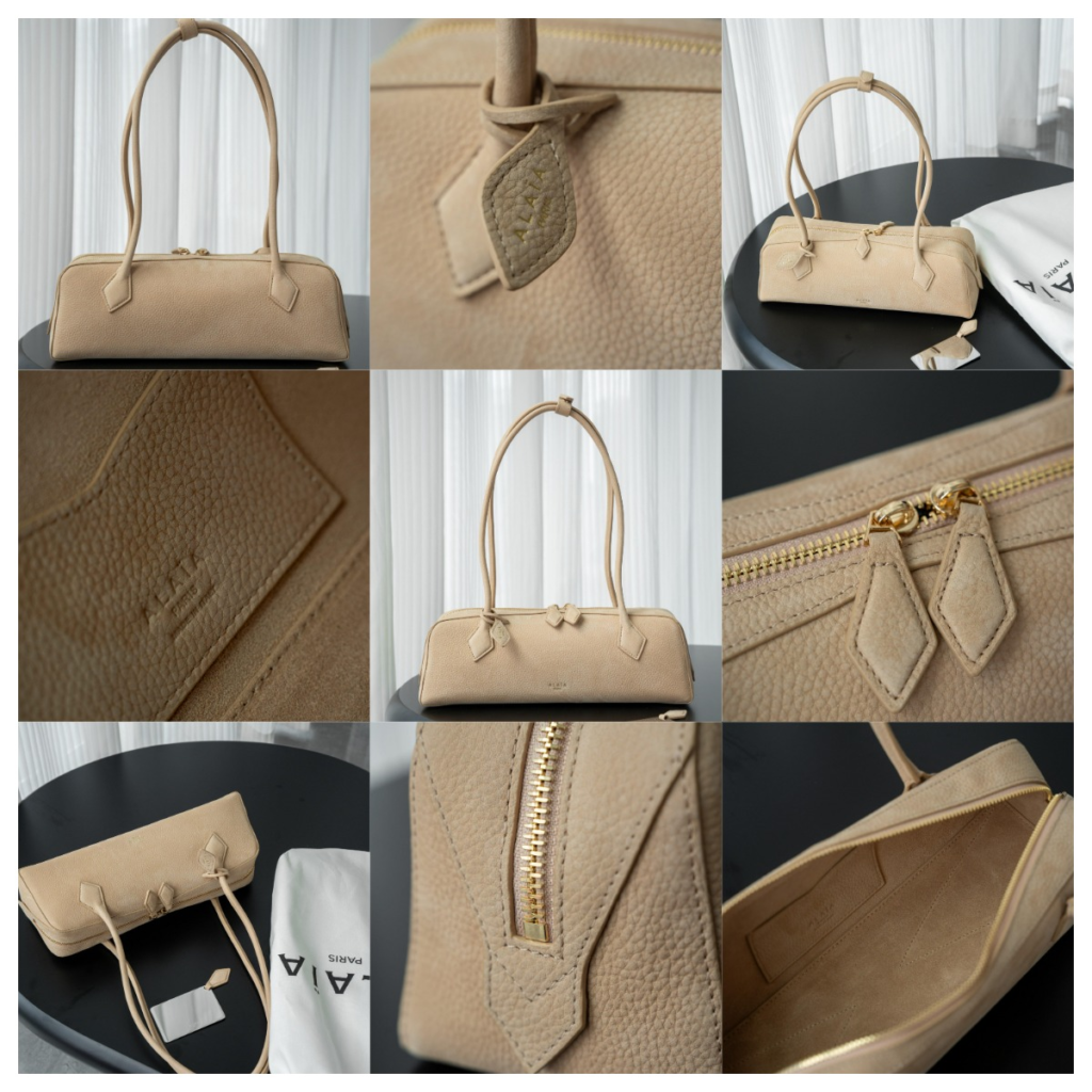 Detailed review collage of the AAA Alaïa Le Teckel replica bag in beige goatskin, highlighting the rich pebble grain texture, upright handle structure, and gold foil logo stamping.