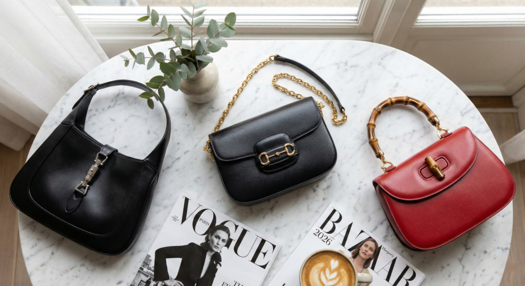 A flat lay comparison review showing the most popular 3 Gucci replica bags 2026: the Jackie 1961, Horsebit Chain, and Bamboo 1947 arranged on a marble table with fashion magazines.