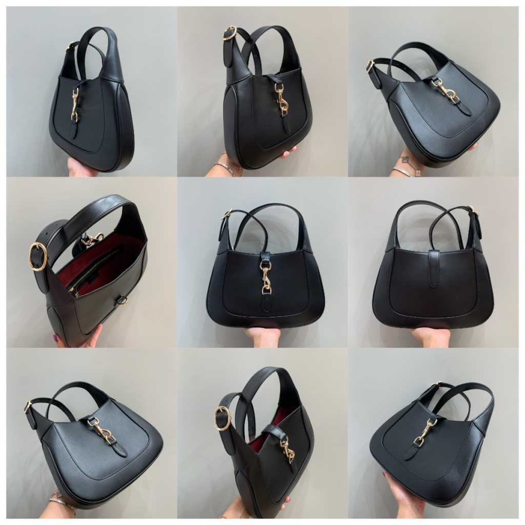 Detailed angles of an AAA Gucci replica bag Jackie 1961 in black leather, highlighting the gold piston clasp hardware, smooth structure, and burgundy interior lining.